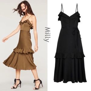 Milly Ruffle-Trim Midi Dress in Black